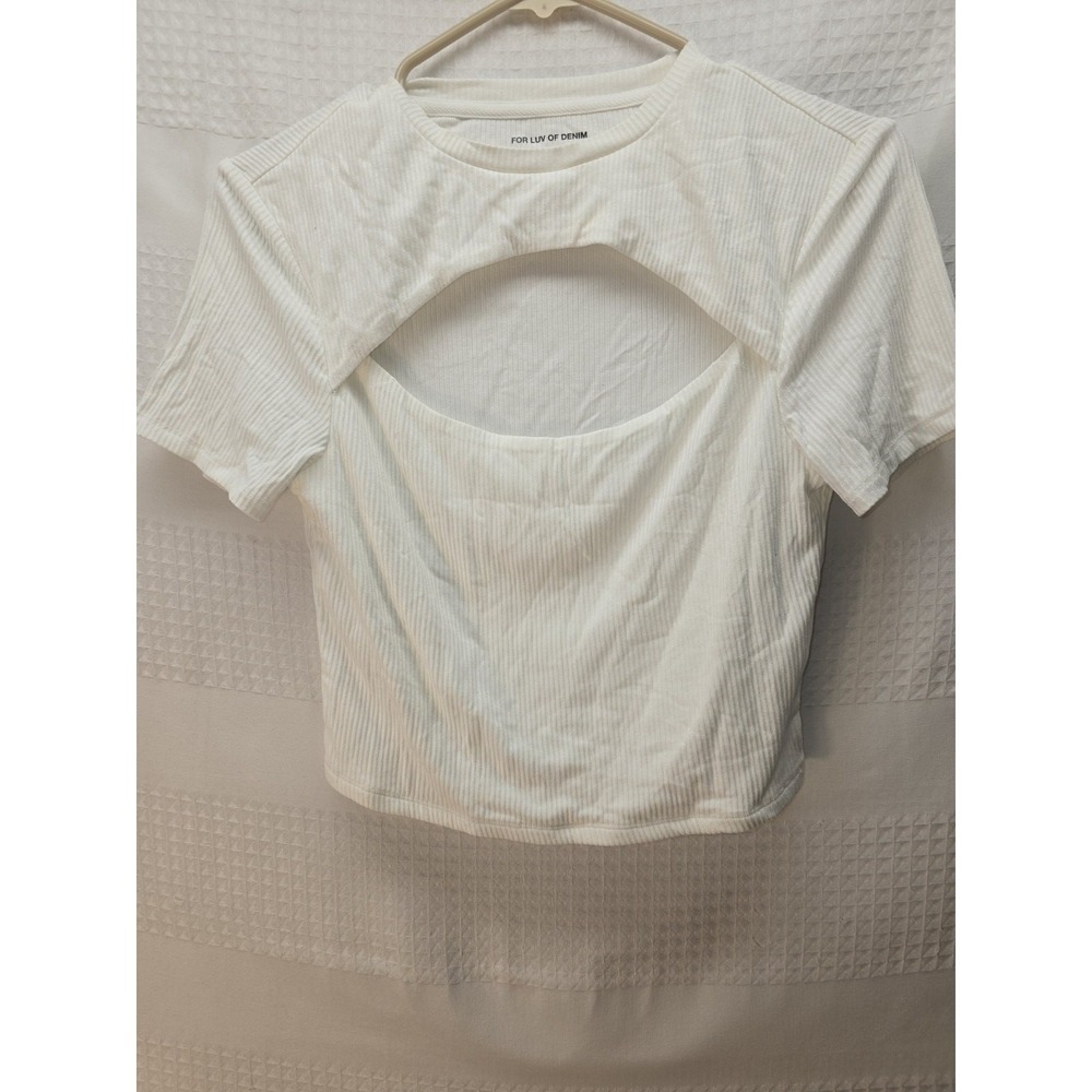 For Luv Of Denim Cropped Ribbed Baby Tshirt White Short Sleeve Womens Medium